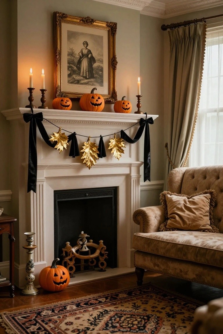 A fireplace mantel in a sage green-walled living room decorated for Halloween with three carved pumpkins on top, black velvet ribbons draped across strung with gold leaf maple shapes and black tassels, flanked by candlesticks and smaller pumpkins nearby, plus a beige tufted armchair and Persian rug in the foreground.
