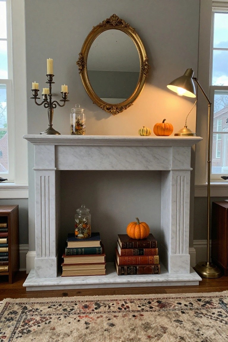 White marble fireplace mantel decorated with stacked vintage books topped by pumpkins and glass jars, a brass candelabra with candles, a brass lamp, and small pumpkins on the shelf, against a gray wall with a gold oval mirror and windows.