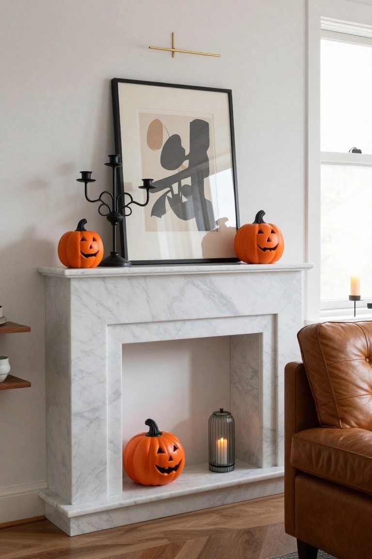 White marble fireplace mantel decorated with orange jack-o-lantern pumpkins on top and in the hearth, black candelabras, abstract black-and-white framed artwork, glass lantern candle, and small shelves nearby in a living room with leather armchair and hardwood floors.