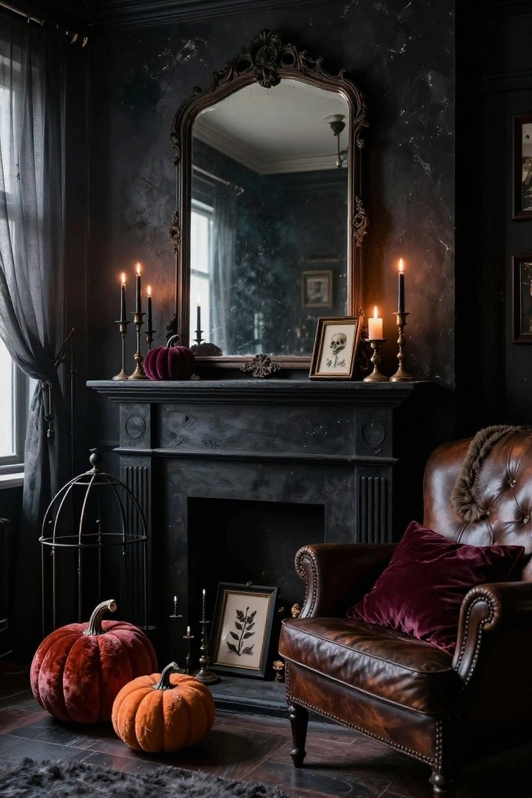 Dark interior room with black textured walls, ornate mirror, black stone mantel decorated with brass candelabras holding black candles, purple velvet pumpkin, gold skull frame, and nearby leather armchair with velvet pillow plus orange velvet pumpkins on floor.