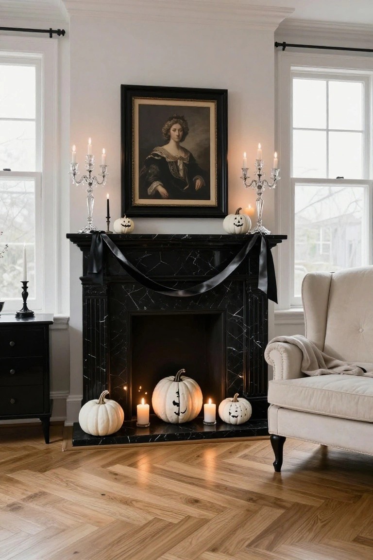Black marble fireplace mantel decorated with white pumpkins, carved white jack-o-lanterns, pillar candles, black ribbon garland, and crystal candelabras, with a gold-framed portrait of a woman above and a cream armchair to the side.