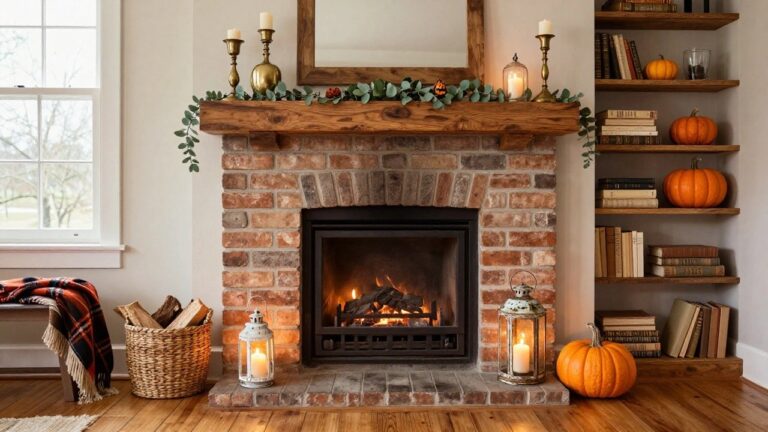 Rustic wooden mantel over brick fireplace with eucalyptus garland draped across the top holding small orange pumpkins, flanked by gold candlesticks, lanterns, pillar candles, stacked books, and woven baskets on the hearth.