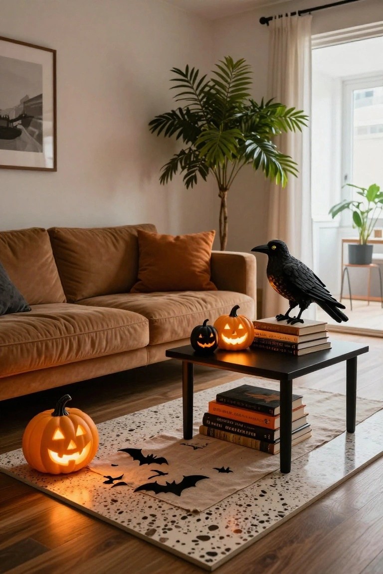 Cozy living room with tan velvet sofa, black coffee table holding stacked books and small lit orange jack-o-lanterns beside a large black raven statue, a large lit jack-o-lantern on the floor next to a neutral rug with black bat cutouts, potted plants, and a window with sheer beige curtains.