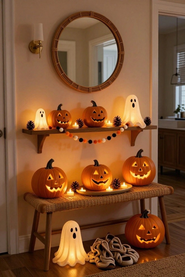Entryway corner with wooden floating shelf holding lit white ghost figures, jack-o-lantern pumpkins, pinecones, candles, and orange-black garland, plus a wicker bench below with more lit pumpkins and ghosts amid neutral walls and rattan mirror.