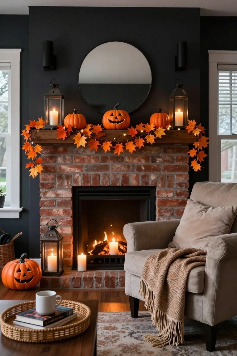Brick fireplace mantel in a dark-walled living room decorated for Halloween with orange pumpkins, jack-o-lanterns, lit lanterns, candles, and fall leaf garland draped across a wooden shelf.