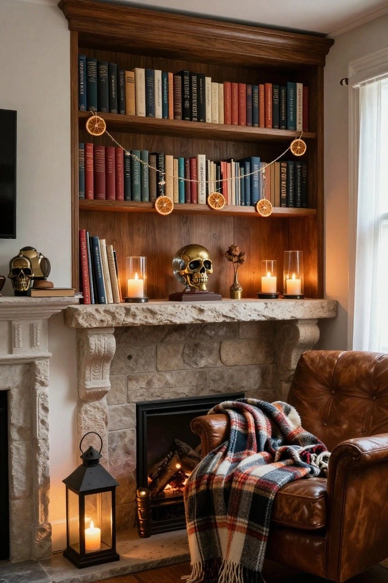 Wooden bookshelves with books and dried orange garland beside a stone fireplace mantle holding gold skulls, brass accents, and candles, next to a leather armchair with plaid blanket in a warmly lit room.