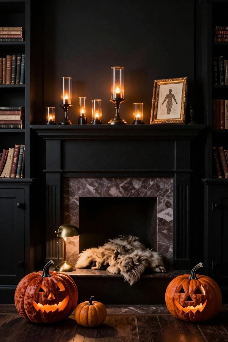 Dark library interior with black bookshelves flanking a marble-surround fireplace; mantle holds glass candles, brass lantern, and gold-framed anatomical drawing; glowing carved jack-o-lanterns and small pumpkin on wood floor beside hearth with sleeping fluffy dog.