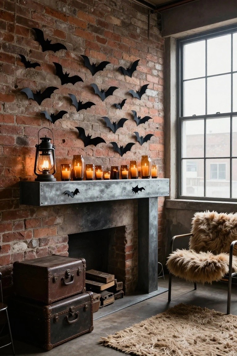 Rustic interior with exposed brick wall covered in black paper bats above a metal mantel holding candles and a lantern, old suitcases by the fireplace, a shaggy chair nearby, and a rug on the concrete floor.