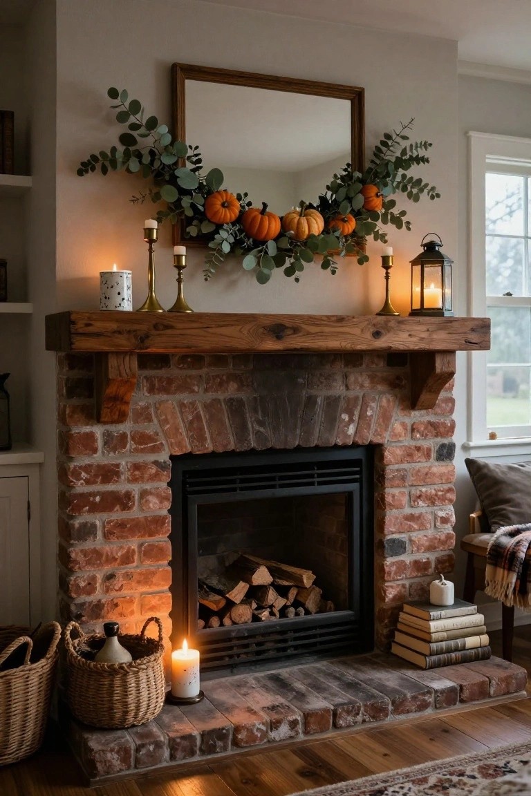 Rustic wooden mantel over brick fireplace with eucalyptus garland draped across the top holding small orange pumpkins, flanked by gold candlesticks, lanterns, pillar candles, stacked books, and woven baskets on the hearth.