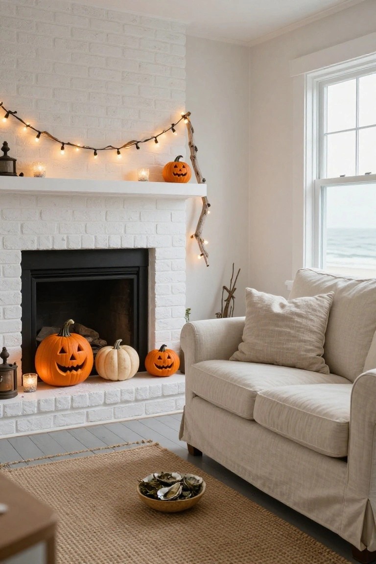 White brick fireplace mantle decorated with carved orange jack-o-lanterns of varying sizes, small white pumpkin, string lights, candles, lanterns, and branches, beside a cream slipcovered sofa in a room with ocean view.