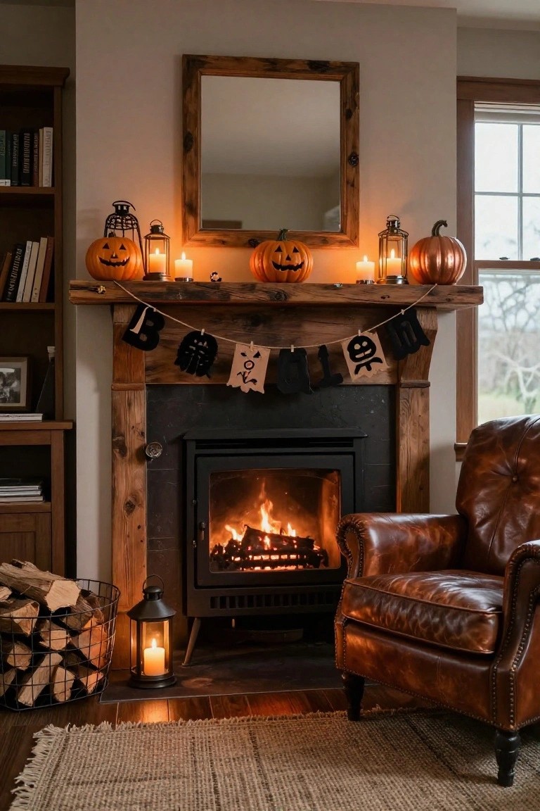 Rustic wooden mantel above a lit fireplace decorated for Halloween with orange carved pumpkins, metal lanterns, pillar candles, and a black fabric banner reading 
