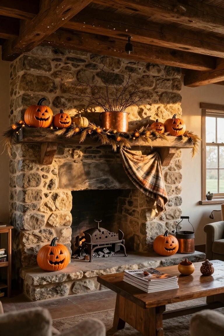 Rustic stone fireplace mantel decorated with multiple orange carved pumpkins, wheat garlands, string lights, copper pots, small gourds, and a plaid blanket in a cozy wood-beamed living room.