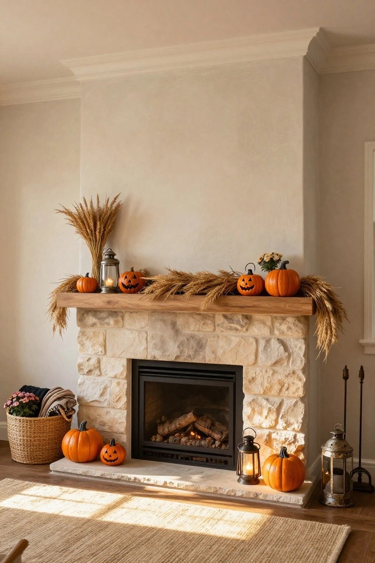 Stone fireplace mantel with wooden beam topped by wheat sheaves, orange jack-o'-lantern pumpkins, metal lanterns, and small potted flowers; more pumpkins and a basket of blankets sit on the hearth in front.