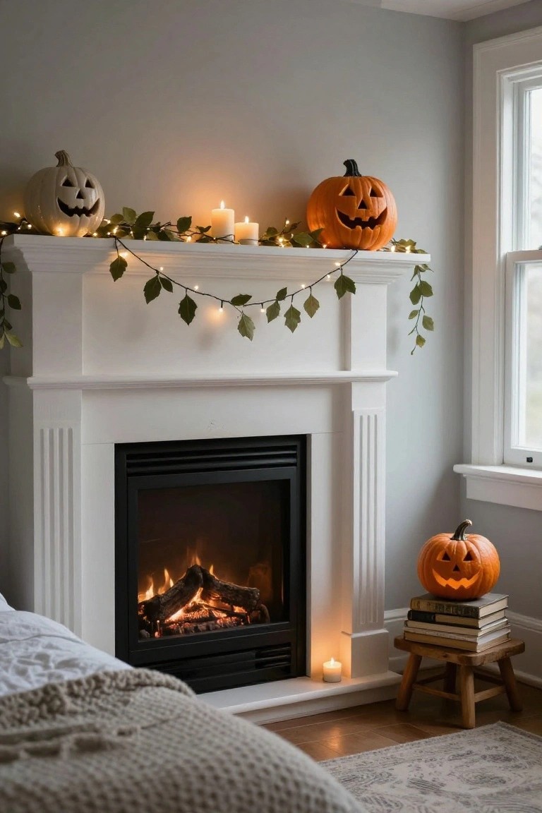 White fireplace mantel decorated with white and orange jack-o-lantern pumpkins, green leafy garland strung with fairy lights, and white candles, with a burning fire inside, books on a stool, and a beige knit blanket in a gray room corner.