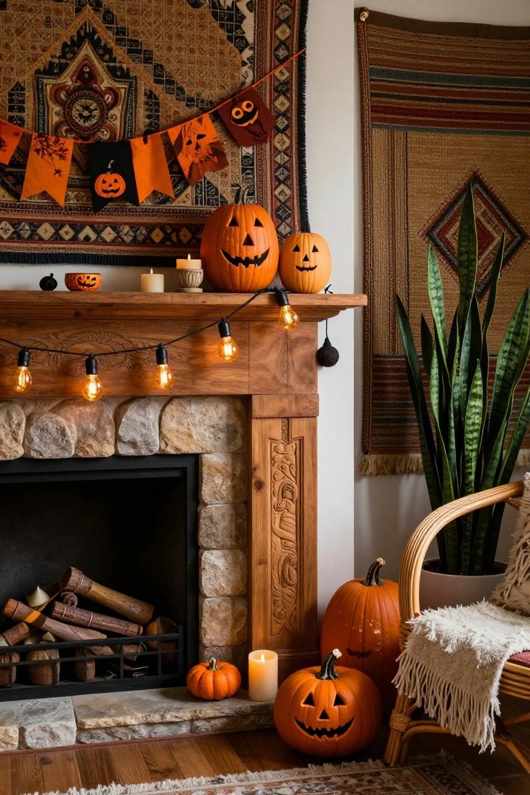Fireplace mantel with carved orange pumpkins, small pumpkins, candles, and black string lights with warm bulbs draped along the edge, near a lit fireplace and potted plants in a room with Halloween garlands and wall tapestries.