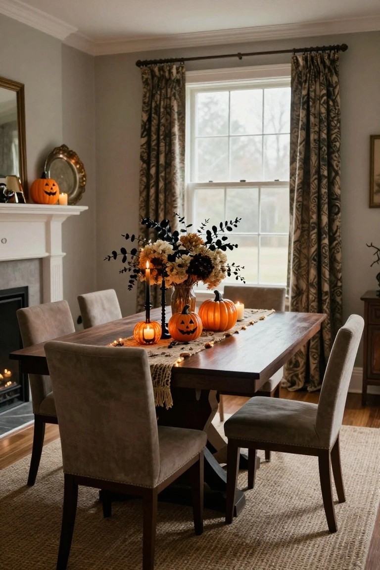Dining room interior with wooden table centered by carved orange pumpkins, candles, burlap runner, and fall flowers; white fireplace mantel topped with small pumpkins, candles, and mirror; gray walls, large window with patterned curtains.