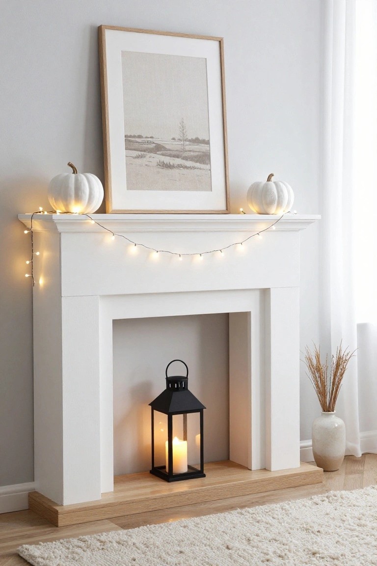 White Pumpkins and Fairy Lights on the Mantel