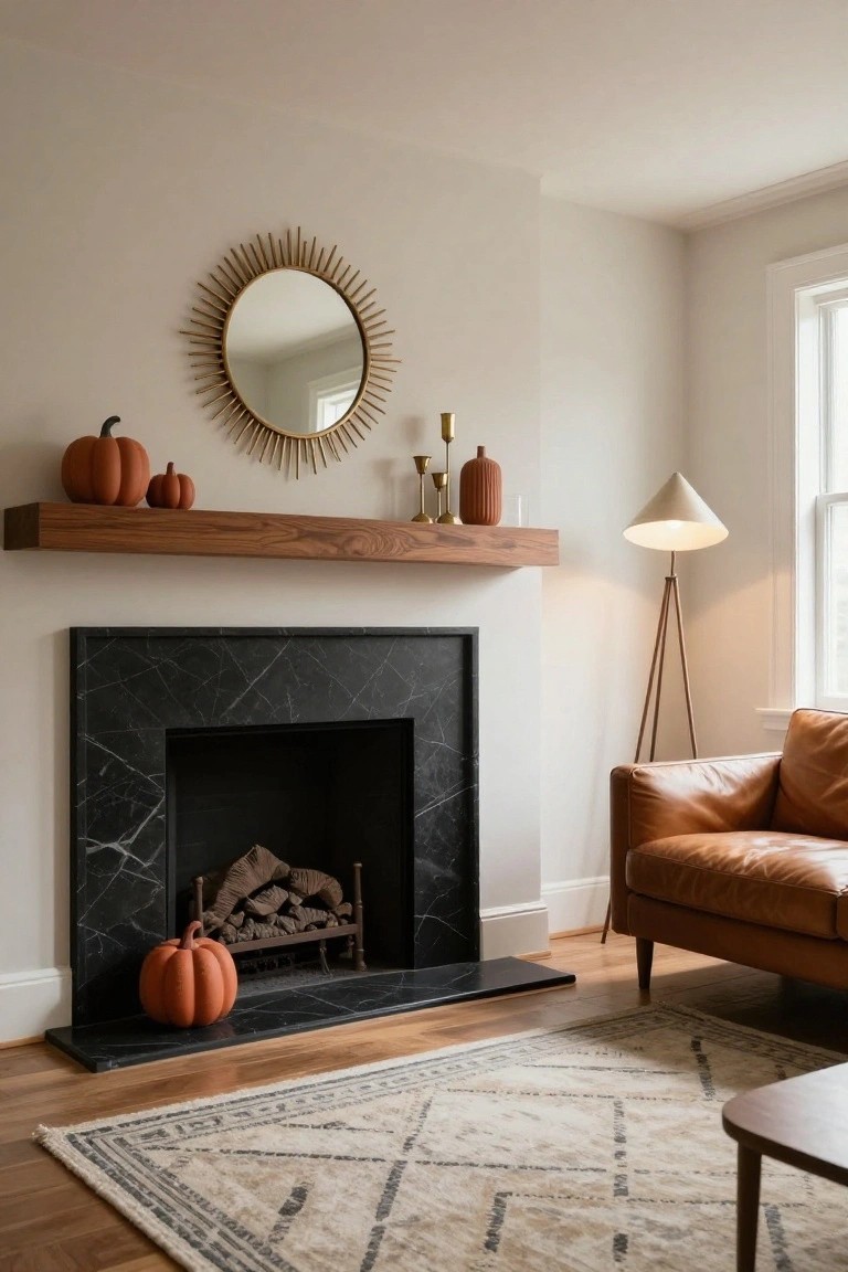 Living room corner featuring a black marble fireplace with logs inside, wooden mantle shelf holding small orange pumpkins and brass candlesticks, gold sunburst mirror on the wall above, conical floor lamp, tan leather sofa, and beige rug with geometric pattern.