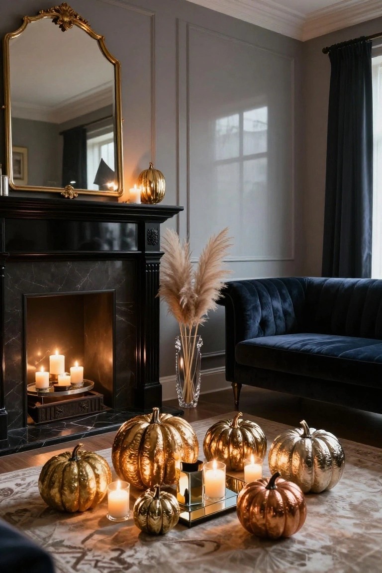 A cozy living room fireplace with black marble surround decorated for Halloween using metallic gold and copper pumpkins clustered on the hearth and floor, white pillar candles on a tray, pampas grass in a glass vase, blue velvet sofa nearby, and ornate gold mirror above.