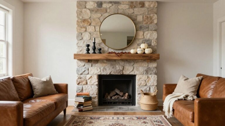 Wood fireplace mantel with small white pumpkins, black candlesticks, and gold beaded garland draped across, above a stone fireplace in a light-colored living room with a round gold mirror nearby.