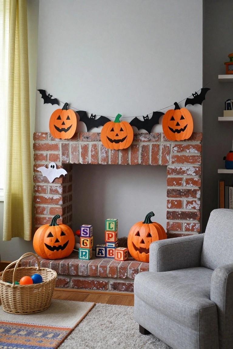 Brick fireplace mantle decorated with hanging paper pumpkins, bats, and ghost cutouts on a garland, flanked by real orange pumpkins, colorful wooden blocks, a basket of balls on the hearth, and a gray armchair nearby.