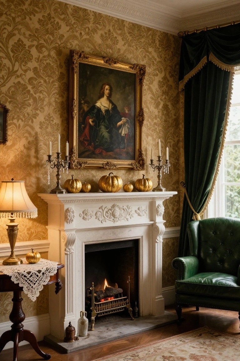 A luxurious traditional sitting room with gold damask wallpaper, a large framed portrait of a woman above the mantel, white marble fireplace decorated with gold metallic pumpkins and crystal candelabras, green velvet drapes at the window, and a green leather wingback chair nearby.