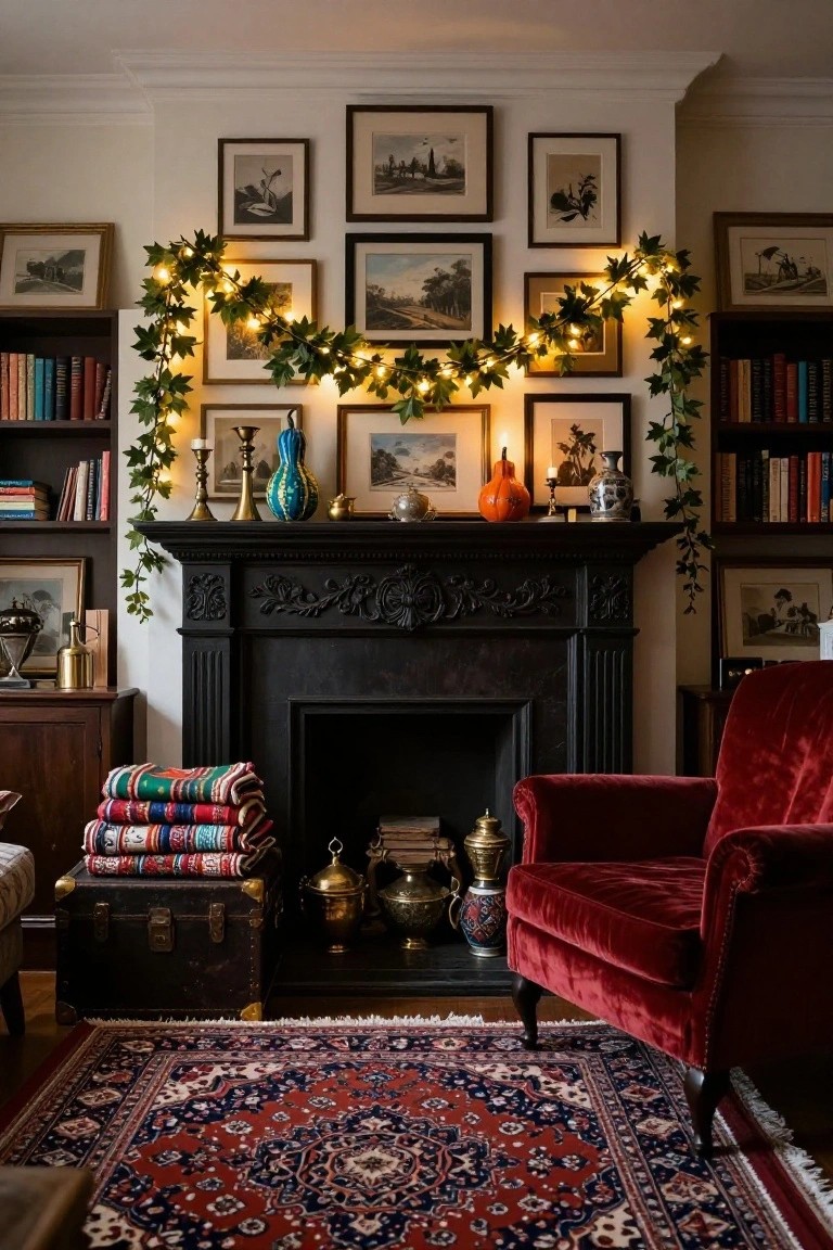 Black fireplace mantel decorated with green ivy garlands strung with warm white fairy lights, orange pumpkins, blue-glazed vase, brass candlesticks, and ceramics, in a living room with bookshelves, red velvet armchair, and Persian rug.