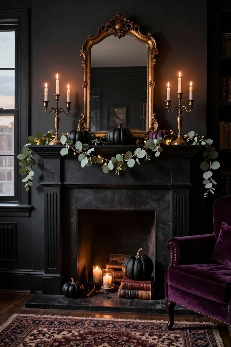 Dark interior room with black marble fireplace mantel decorated for Halloween using black pumpkins, eucalyptus garland with fairy lights, brass candelabras, and candles; ornate gold mirror above and purple velvet armchair to the side.