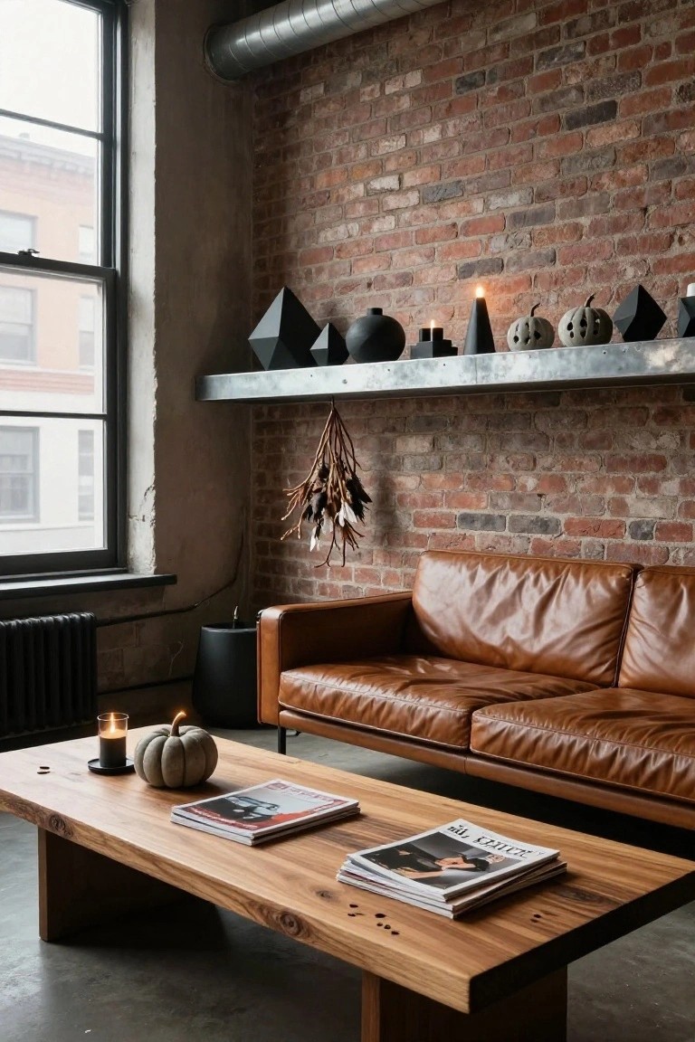 Modern industrial living room with tan leather sofa, wooden coffee table holding magazines and a small pumpkin with candle, black floor lamp, and galvanized metal shelf on brick wall displaying black geometric sculptures, candles, pumpkins, and hanging dried branches.