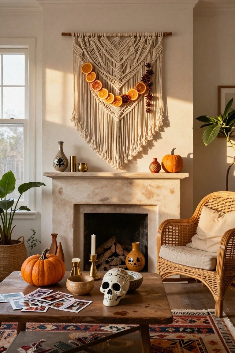 Living room interior with a stone fireplace mantle decorated for Halloween, featuring a beige macrame wall hanging adorned with dried orange slices and star anise, small pumpkins and pottery on the ledge, a white skull on a wooden coffee table, rattan chair, and potted plants.