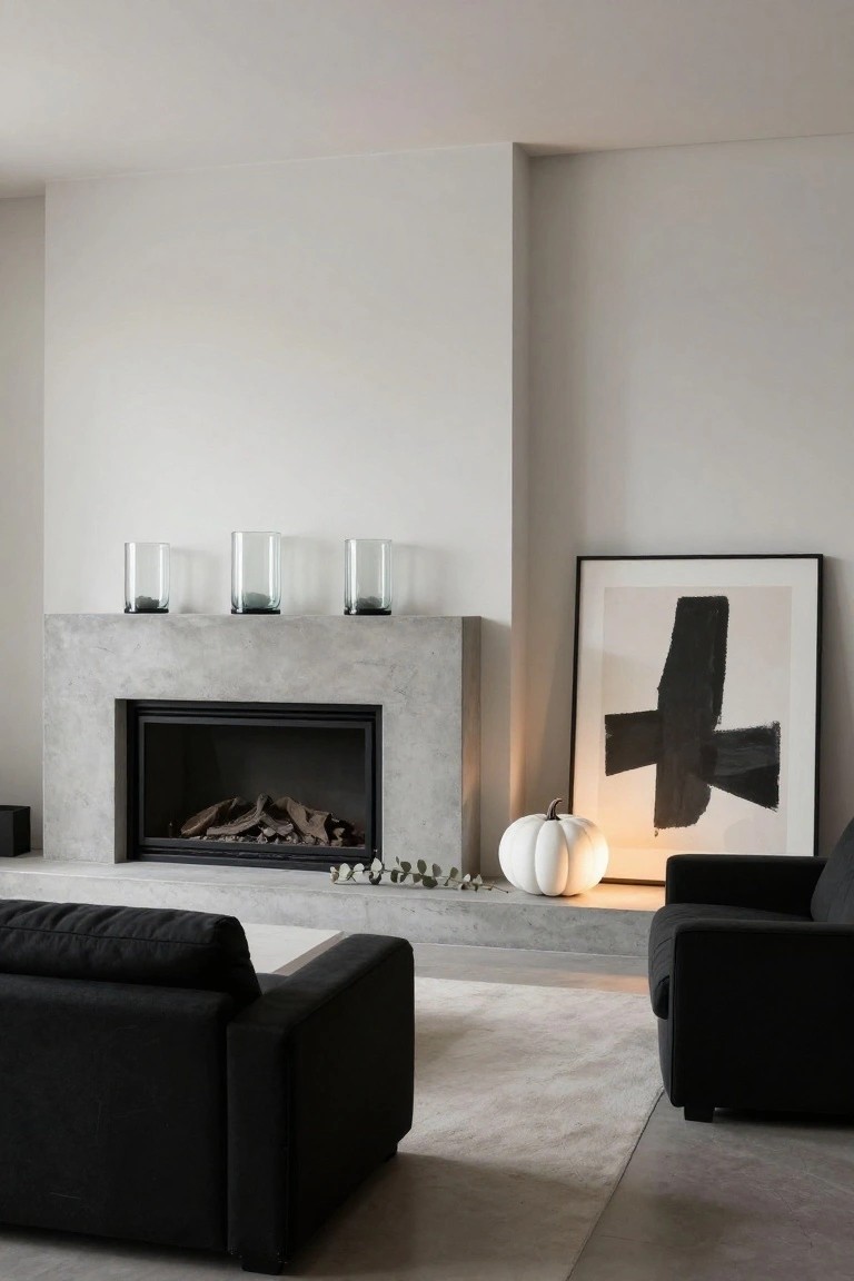 Modern minimalist living room with concrete fireplace mantel holding three clear glass candle holders with black rocks inside, a glowing white pumpkin-shaped lamp beside the hearth, two black armchairs, beige rug, and large framed black abstract artwork on white walls.