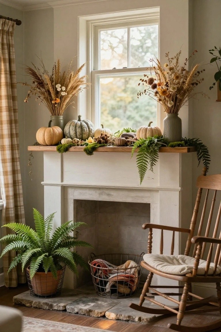 Autumnal mantel display with pumpkins, dried florals, ferns, and wooden rocking chair.