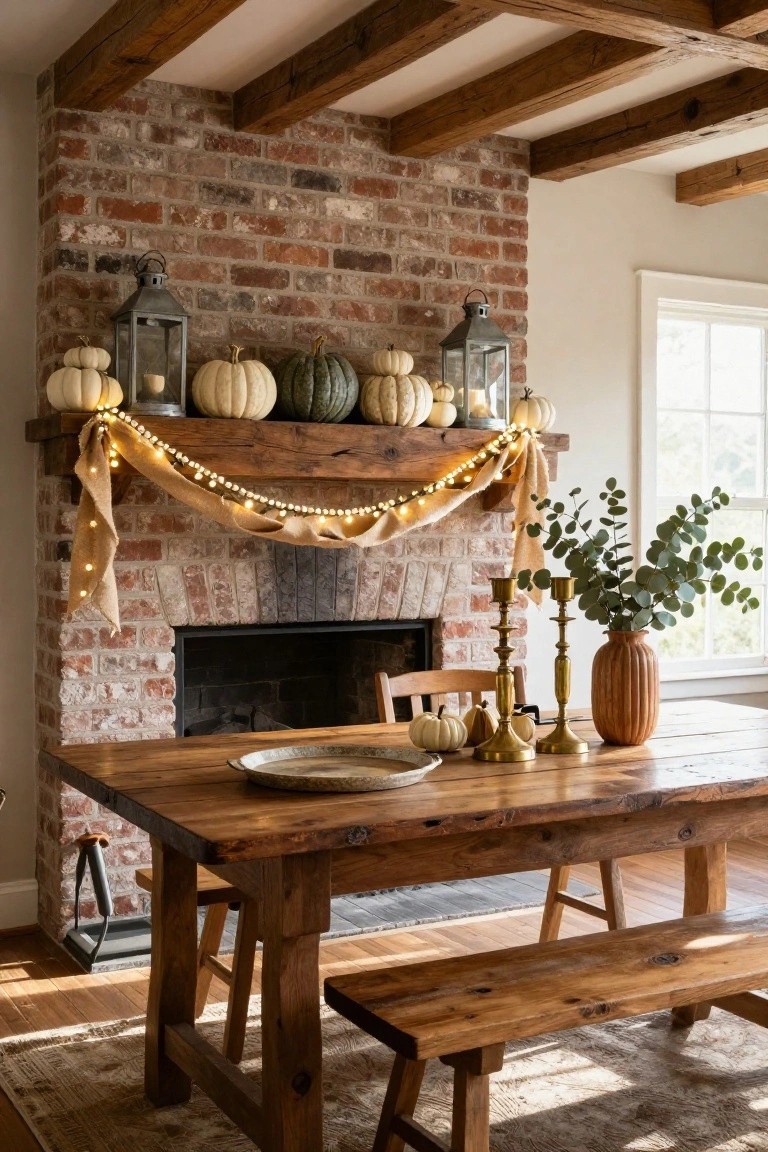 Rustic interior with brick fireplace and wooden mantel decorated for Halloween using clusters of white pumpkins, burlap garland with fairy lights, metal lanterns, candles, and eucalyptus in a vase; wooden dining table nearby holds a platter with pumpkins, gold candlesticks, and more pumpkins.
