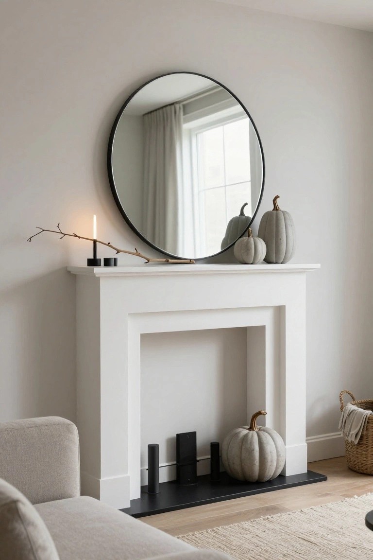 White fireplace mantel holding gray pumpkins, black candle bases with branch and lit taper, large round black-framed mirror above, gray sofa and woven basket nearby in light room with beige rug.