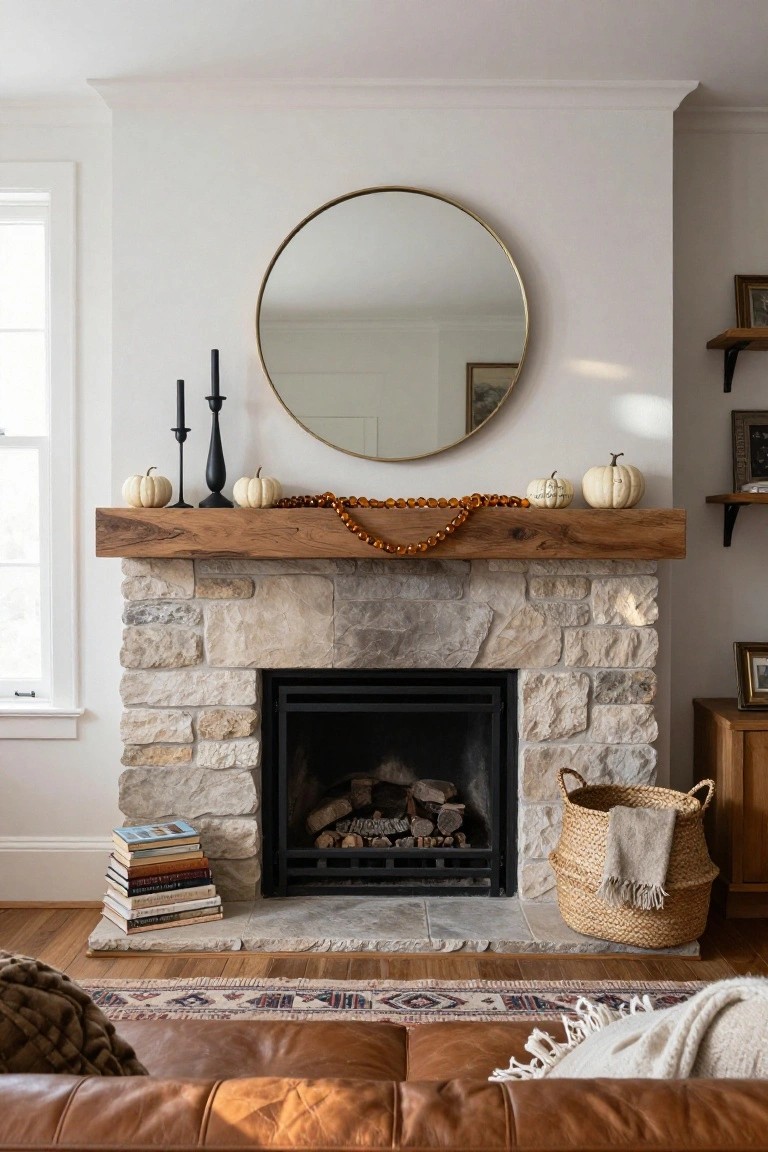 Wood fireplace mantel with small white pumpkins, black candlesticks, and gold beaded garland draped across, above a stone fireplace in a light-colored living room with a round gold mirror nearby.