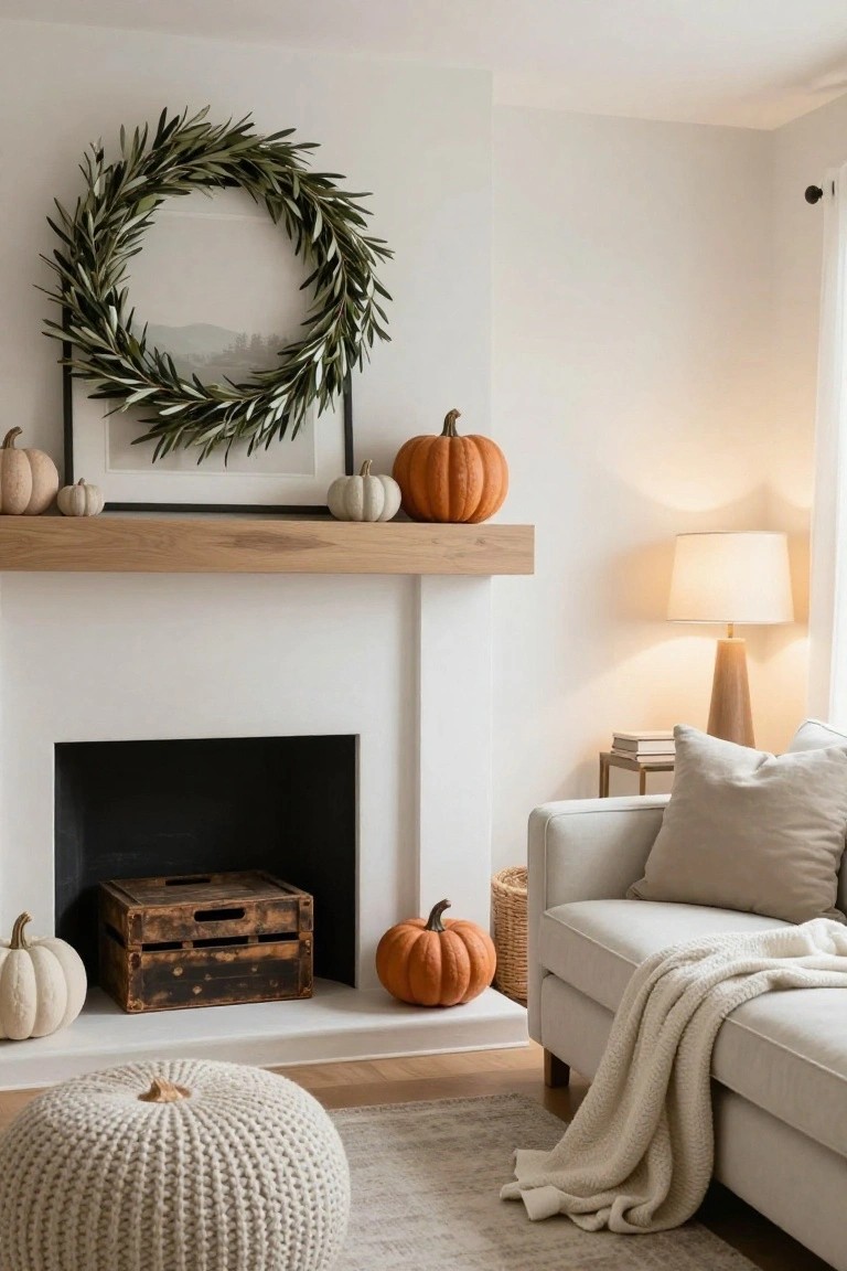 White fireplace mantel with oak wood shelf holding small white and orange pumpkins next to a black-framed print inside a large olive leaf wreath hanging on the wall above, wooden crate and white pumpkin in the firebox, beige couch with throw nearby.