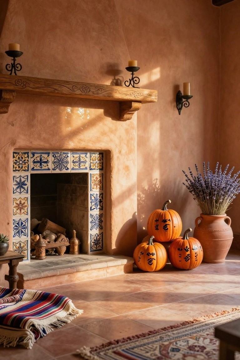 Adobe room with wooden-beam mantel over tiled fireplace, wrought-iron candelabras with candles, several small carved-face pumpkins on floor by hearth, lavender bouquet in terracotta pot, small table with plant, colorful woven rug.