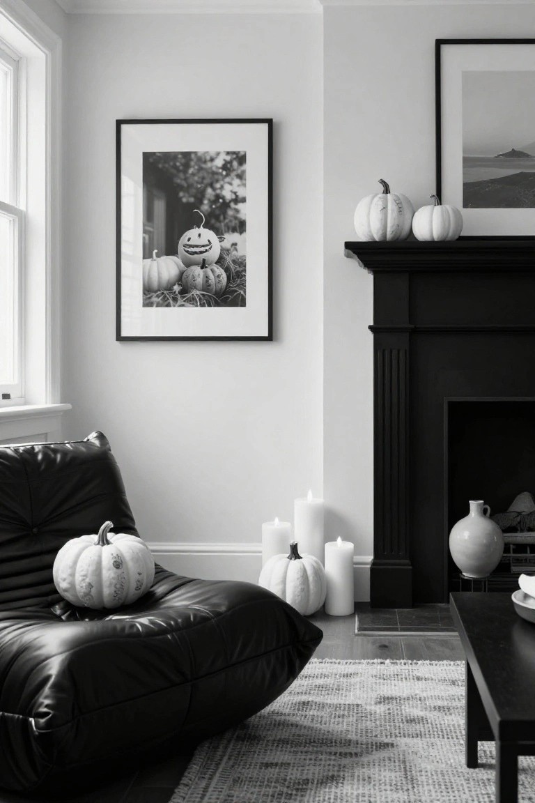 Black-and-white photo of a living room corner with a dark fireplace mantel holding two white pumpkins and white candles, a black leather chair with a white pumpkin on it, additional white pumpkins and candles nearby, and framed black-and-white photos on white walls.
