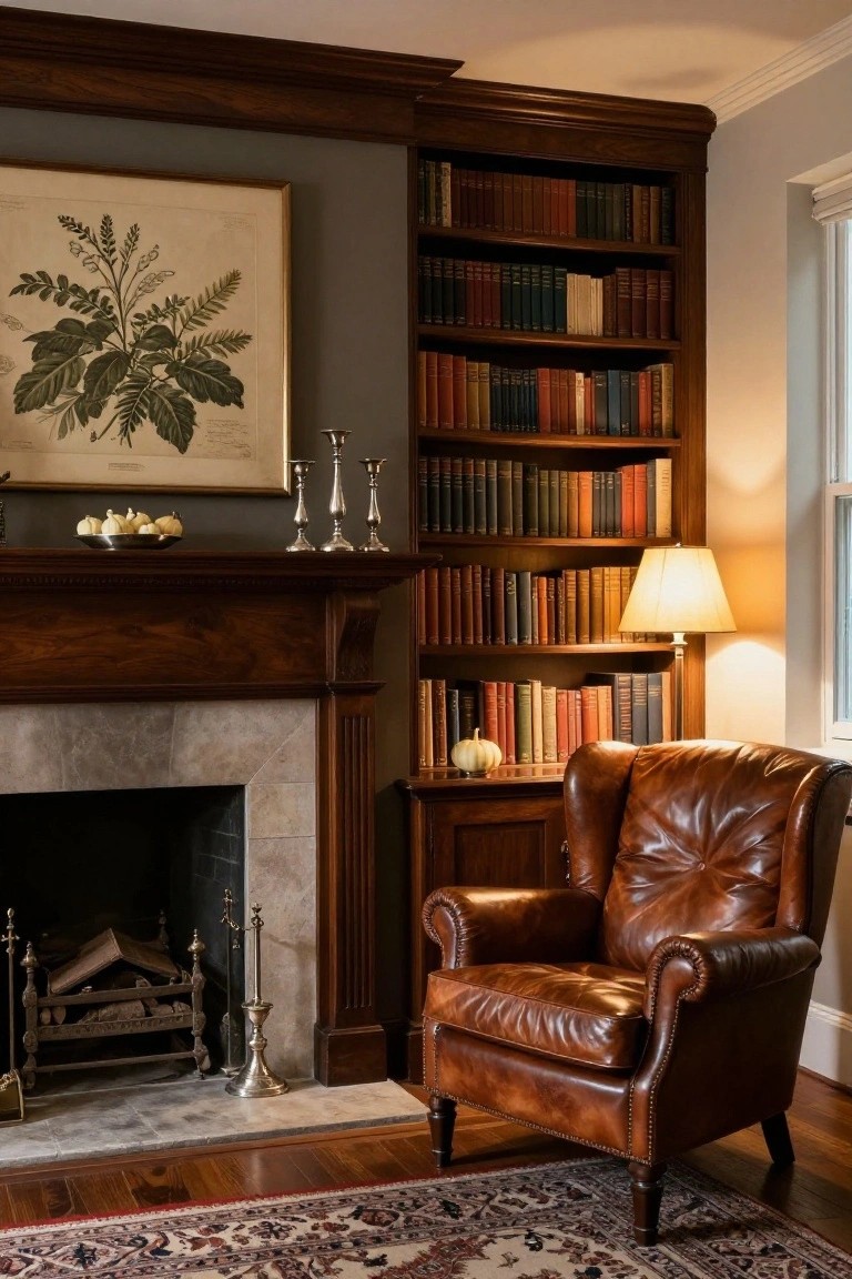 Wood-paneled library room with fireplace mantel holding small white pumpkins in a silver dish and flanked by silver candelabras, bookshelves filled with books, a leather armchair, and a botanical print on the wall.