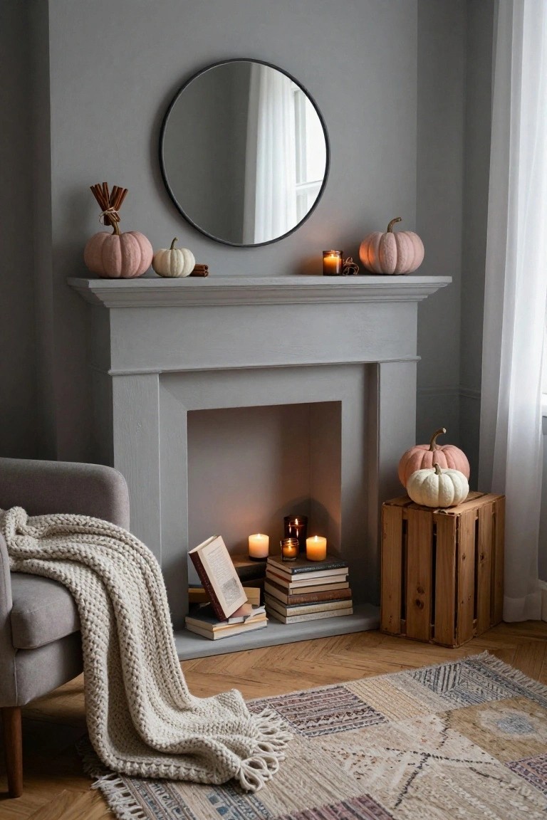 Gray stone fireplace mantel topped with pink and white pumpkins, cinnamon sticks, and candles, next to a gray armchair draped with a white knit blanket and a wooden crate holding stacked books and more candles, in a room with gray walls, a round black mirror, white curtains, and a patterned rug.