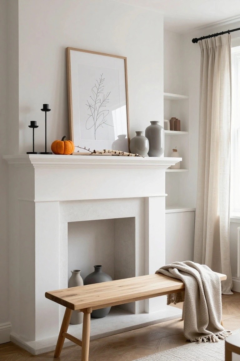 White fireplace mantel with small orange pumpkin, dried branches, black candlesticks, gray and beige vases on shelves, wooden bench with cream throw blanket in front, near window with beige curtains.