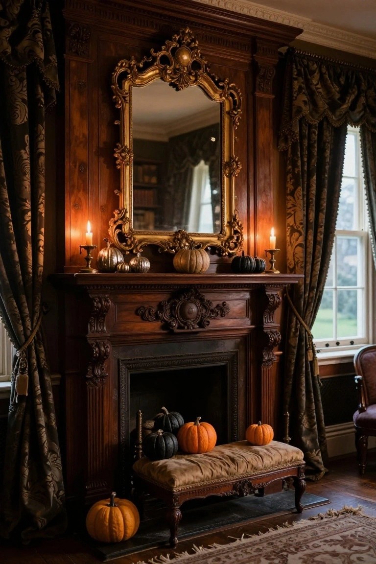 Ornate carved wooden fireplace mantel in a dark wood paneled room, topped with gold-framed mirror above metallic silver and gold pumpkins, orange pumpkins, and brass candlesticks with lit candles.
