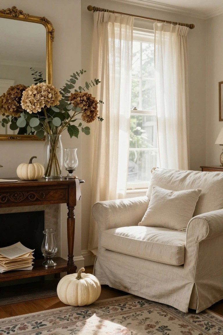 Cozy living room with white armchair, dried hydrangeas, pumpkins, and floral rug.