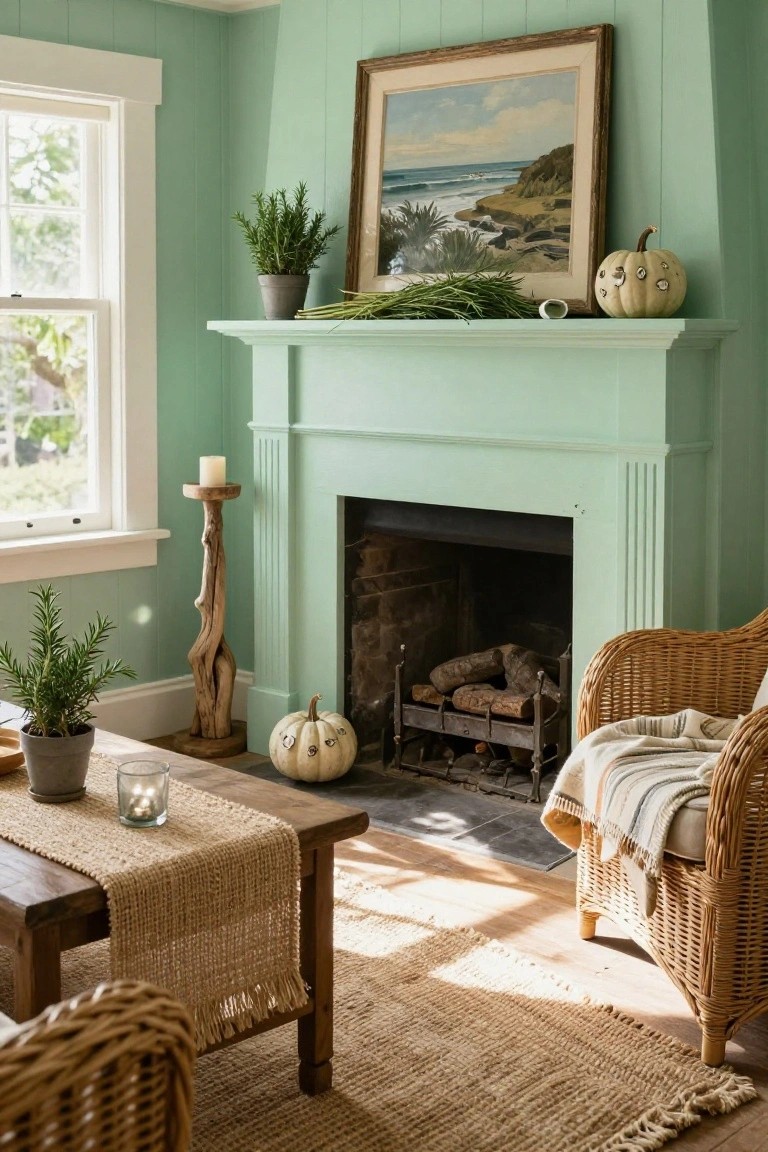 Mint green fireplace mantel decorated with white carved pumpkins, rosemary branches, greenery garland, and a white candle in a living room with wicker chairs, wooden table, plants, and a seascape painting.