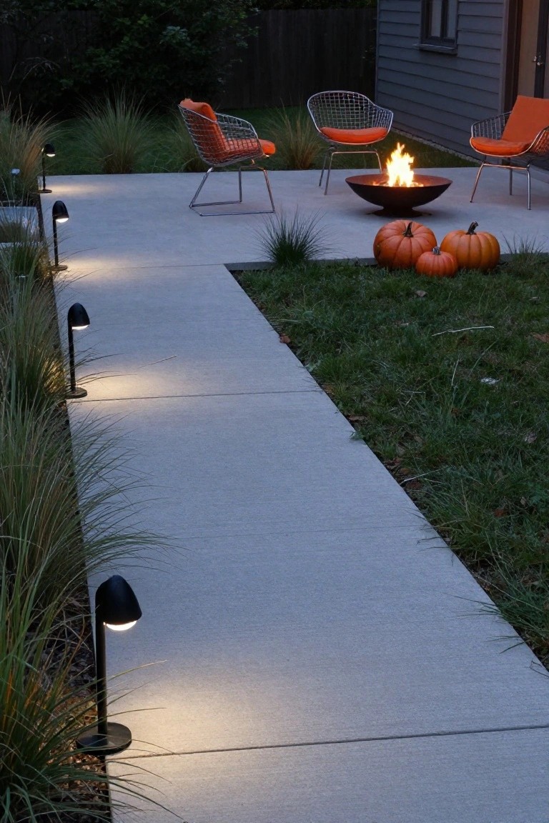 Dusk view of a concrete pathway bordered by tall ornamental grasses and lined with black bollard lights casting warm glows, leading to a patio with orange-cushioned wire chairs around a black fire pit containing flames, plus pumpkins on the ground nearby.