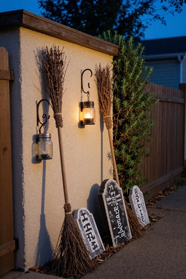 Stucco exterior wall with two brooms hanging from wall hooks, lanterns in a mason jar and metal holder attached to one broom, additional brooms leaning nearby, small tombstones at the base, rosemary bushes, wooden fence, and twilight sky.