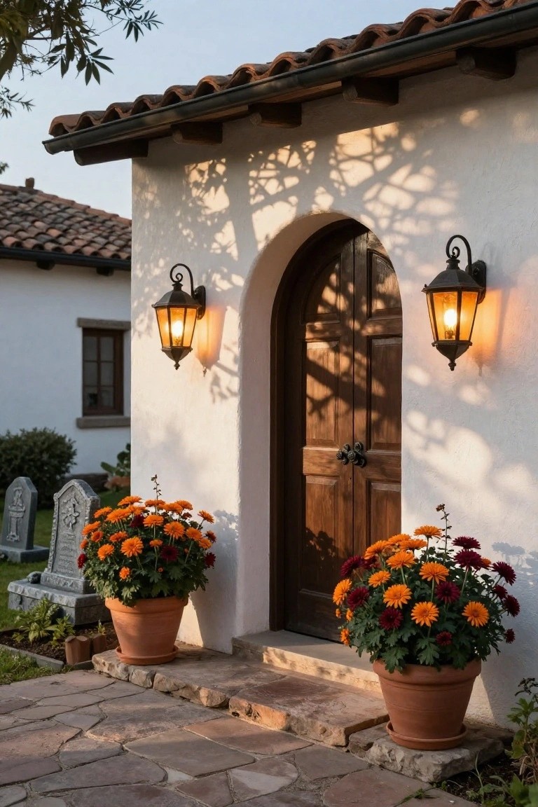White stucco house exterior featuring an arched wooden double door flanked by two lit black metal lanterns, orange chrysanthemum plants in terracotta pots, small gravestones, and a stone pathway in late afternoon light.