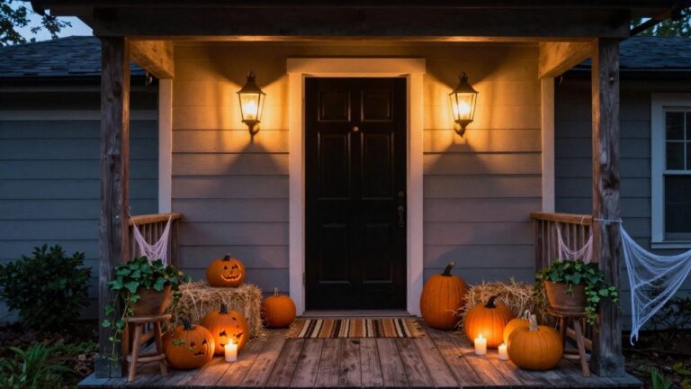 Front porch of a light gray house at dusk decorated for Halloween with wall-mounted lit lanterns flanking a black door with glass panels, carved pumpkins and candles on steps beside hay bales, cobwebs, and potted plants.