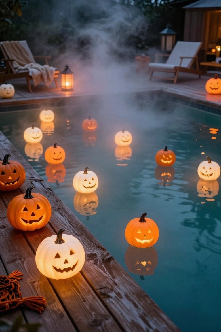Nighttime view of a turquoise pool filled with floating illuminated orange and white jack-o'-lantern pumpkins, surrounded by a wooden deck with lounge chairs, lanterns, and additional pumpkins under misty fog.