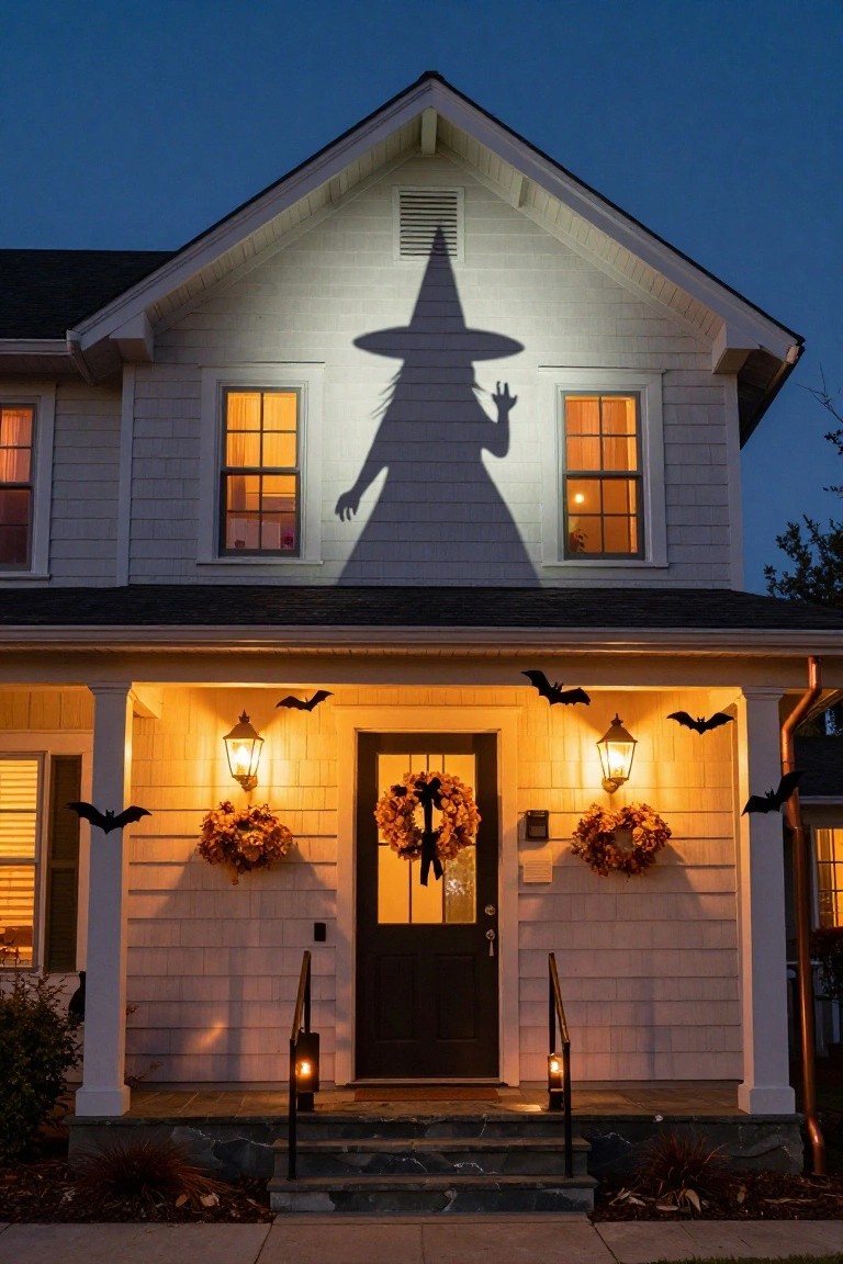 White clapboard house exterior at dusk with a large black witch silhouette projected on the upper facade from lit second-story windows, orange porch lanterns, hanging bat decorations, and autumn wreath garlands flanking the front door.